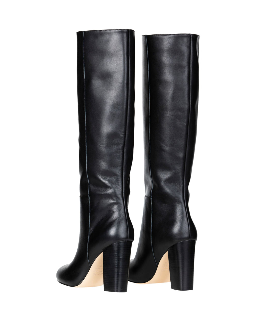 Back view women’s black leather knee-high boot in extended sizes 9–14 by Bohobo