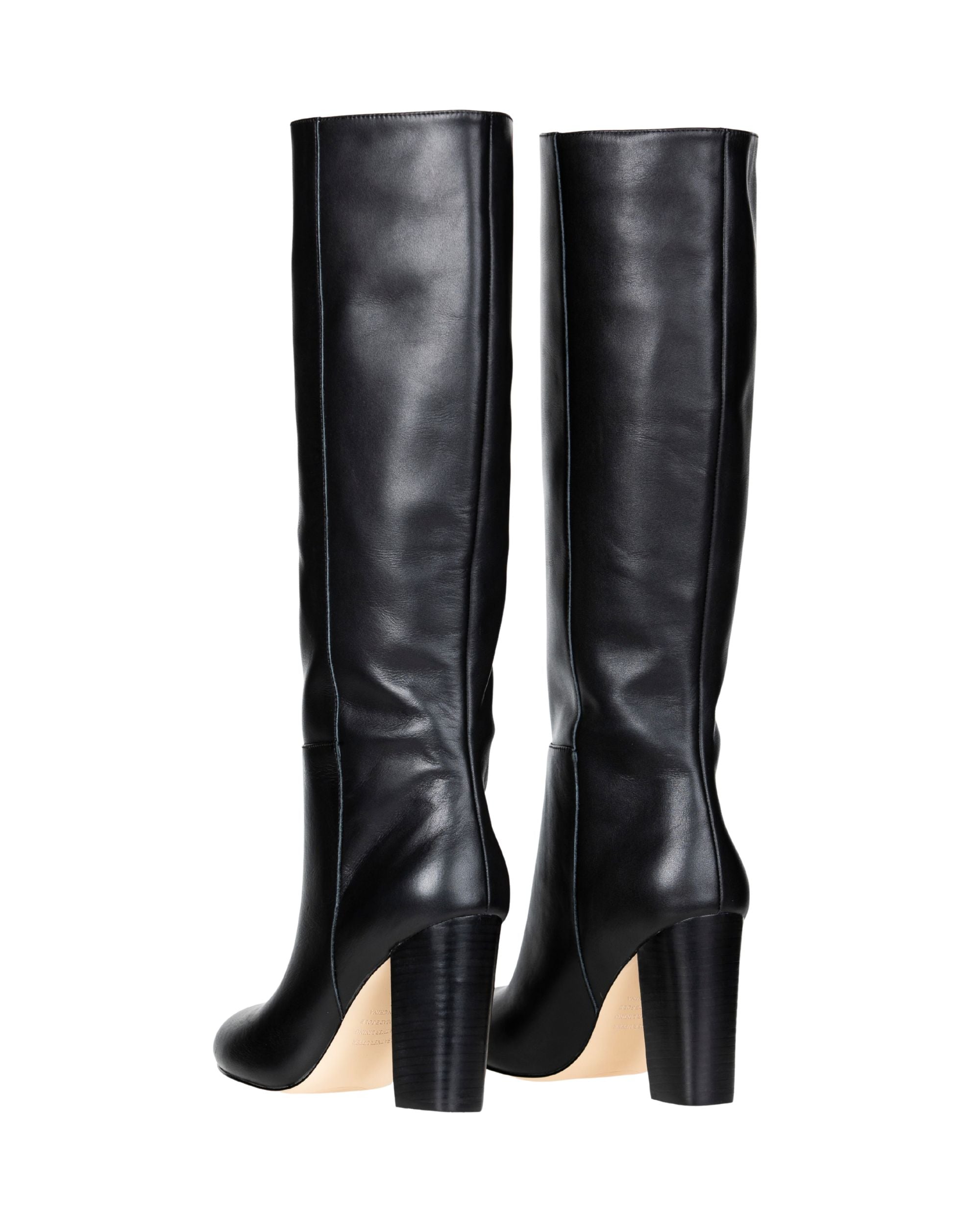 Back view women’s black leather knee-high boot in extended sizes 9–14 by Bohobo