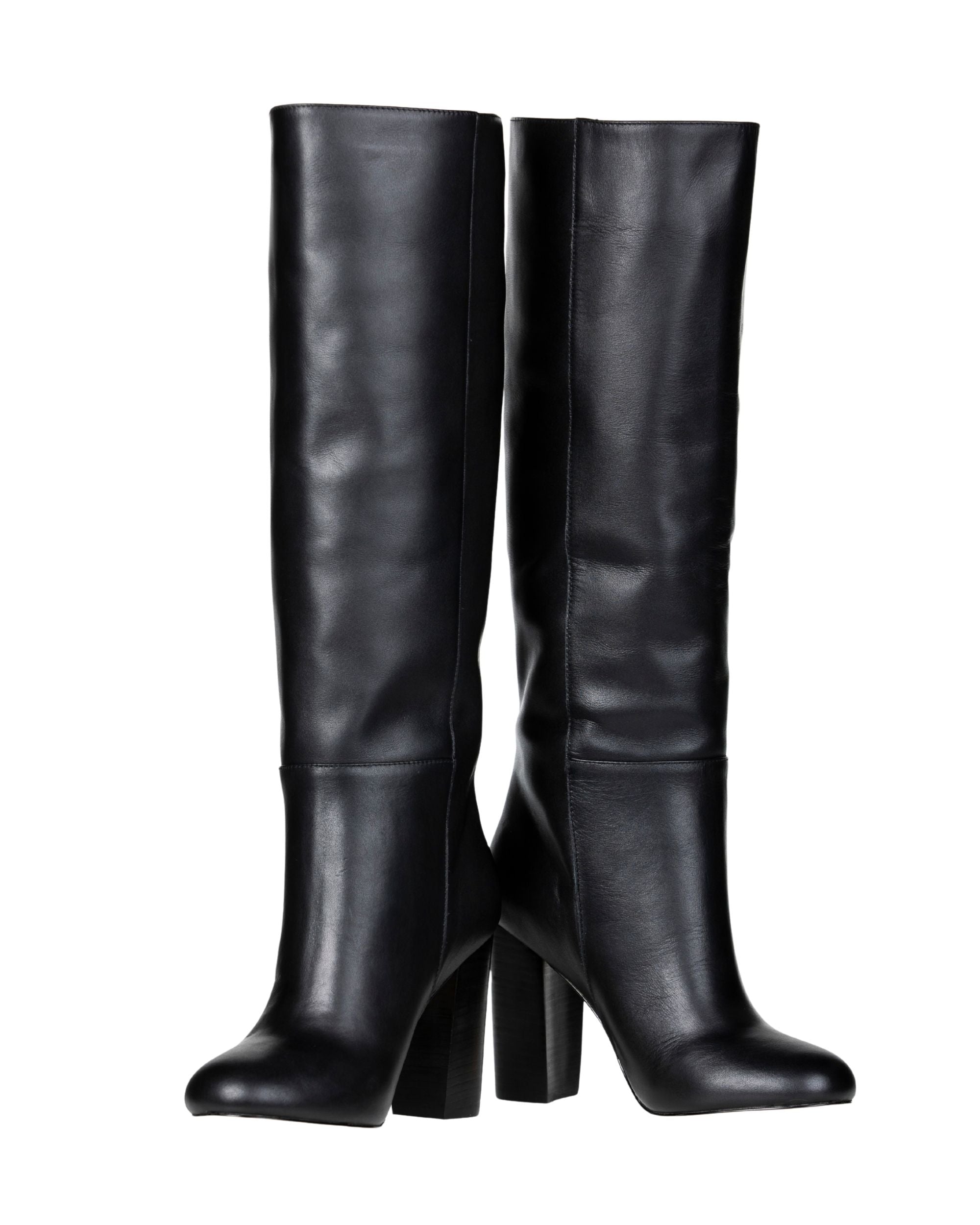 Front view women’s black leather knee-high boot in extended sizes 9–14 by Bohobo
