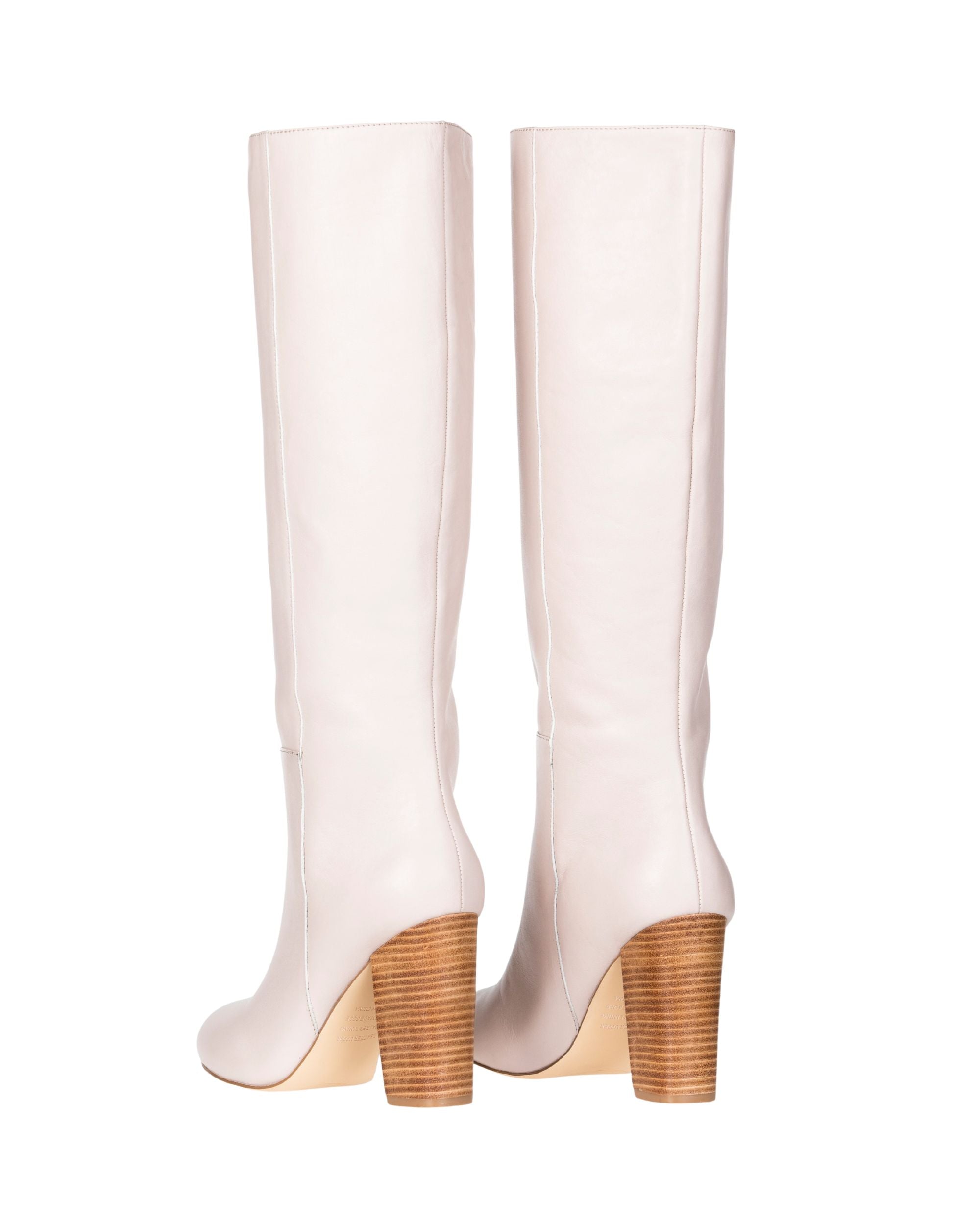 Back view women’s cream leather knee-high boot in extended sizes 9–14 by Bohobo