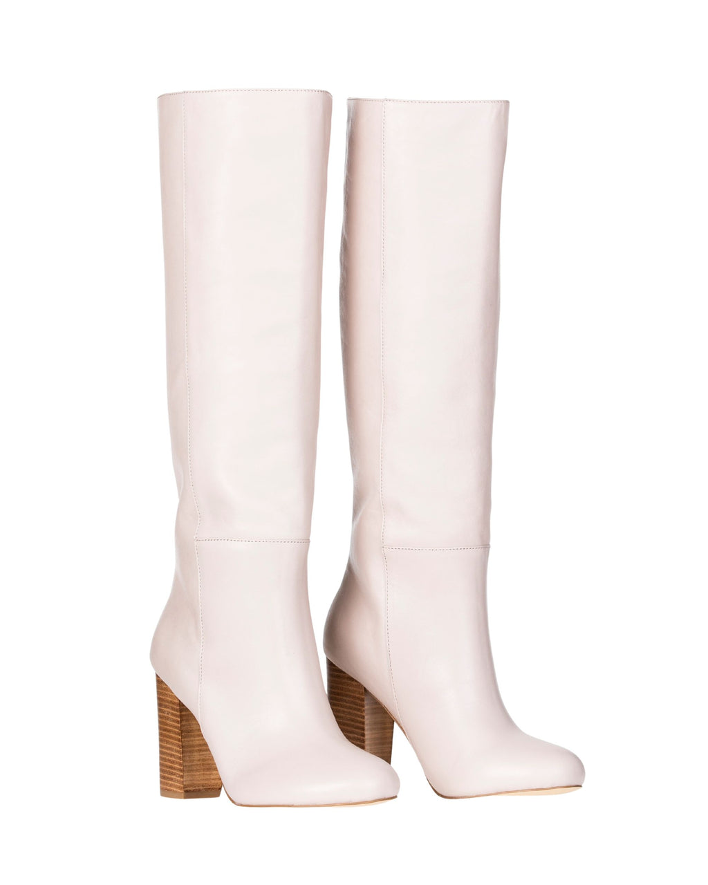 Pair of women’s cream leather knee-high boot in extended sizes 9–14 by Bohobo