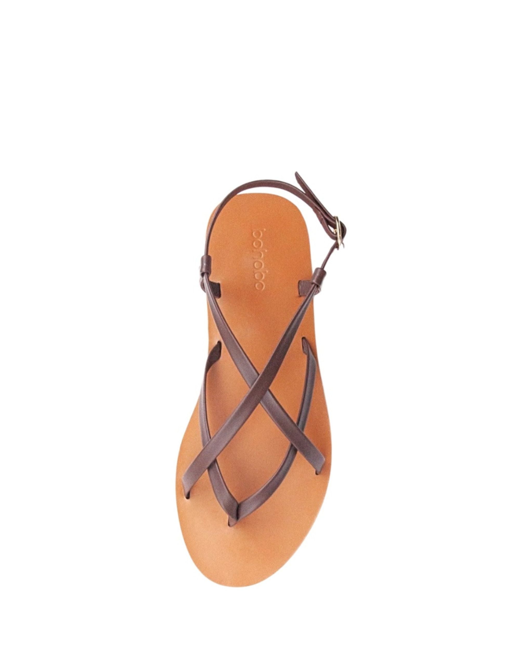Top view women’s chocolate leather sandal in extended sizes 9–14 by Bohobo
