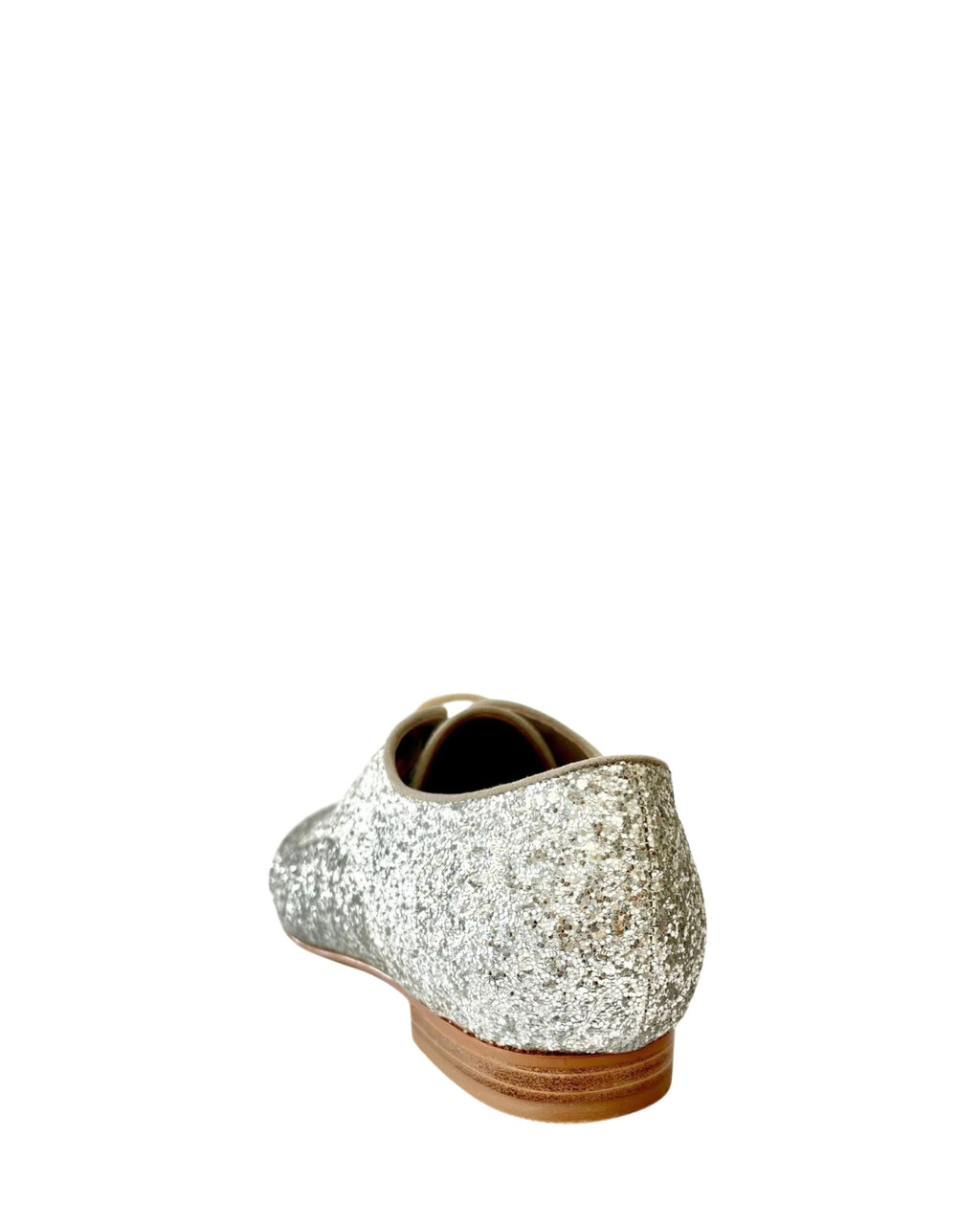 Back view women’s silver glitter leather flat in extended sizes 9–14 by Bohobo