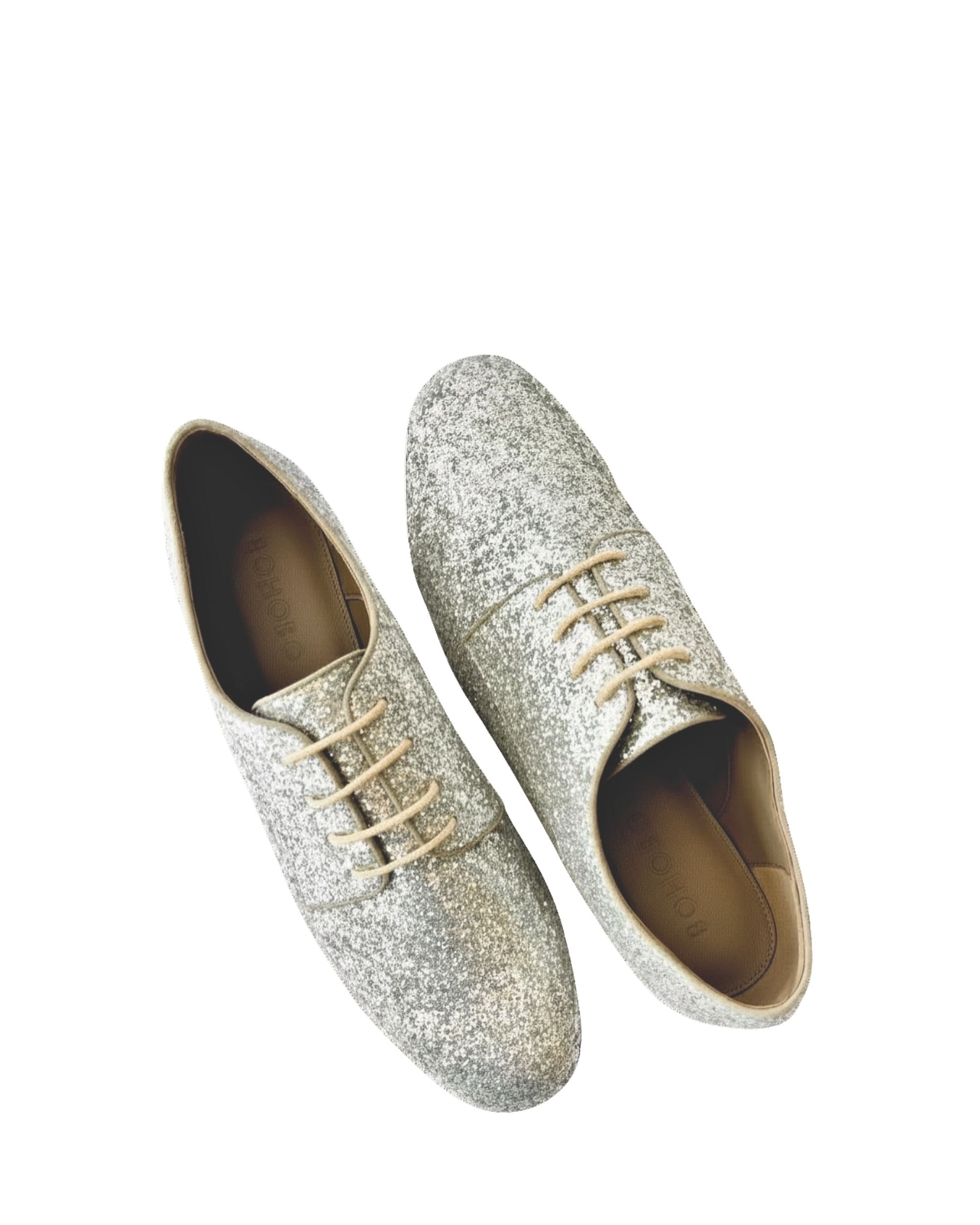 Top view women’s silver leather flat in extended sizes 9–14 by Bohobo