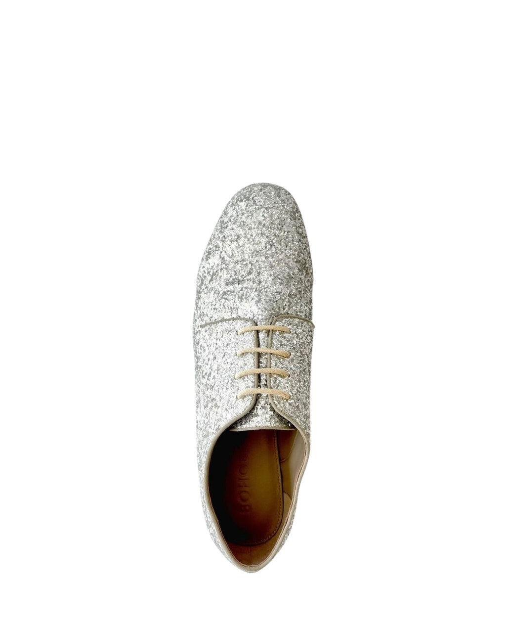 Top view women’s silver leather flat in extended sizes 9–14 by Bohobo