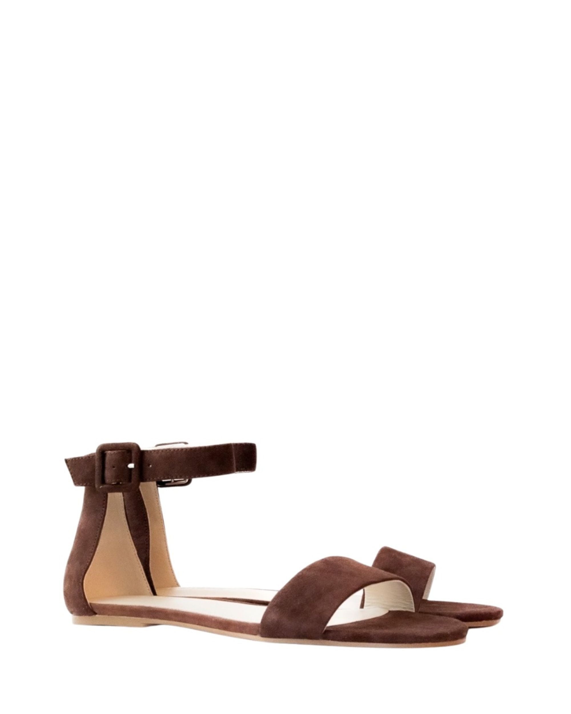 Side view women’s chocolate suede flat sandal in extended sizes 9–14 by Bohobo