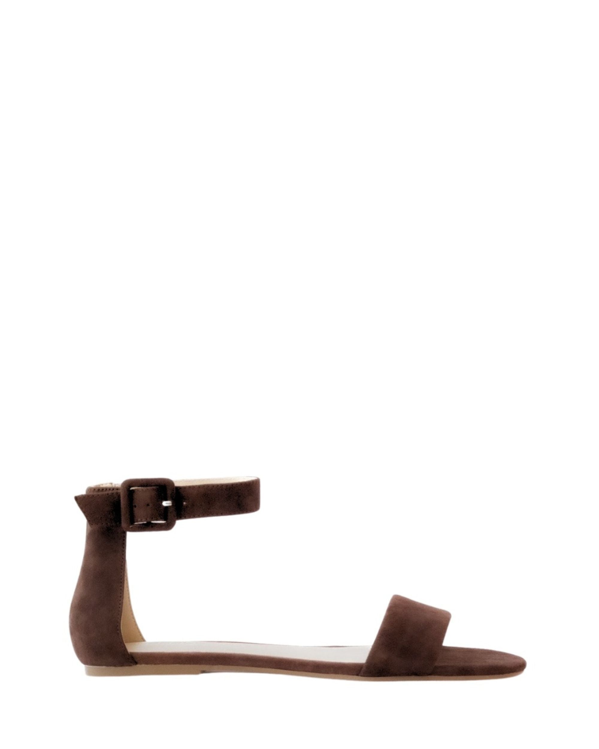 Women’s chocolate suede flat sandal in extended sizes 9–14 by Bohobo